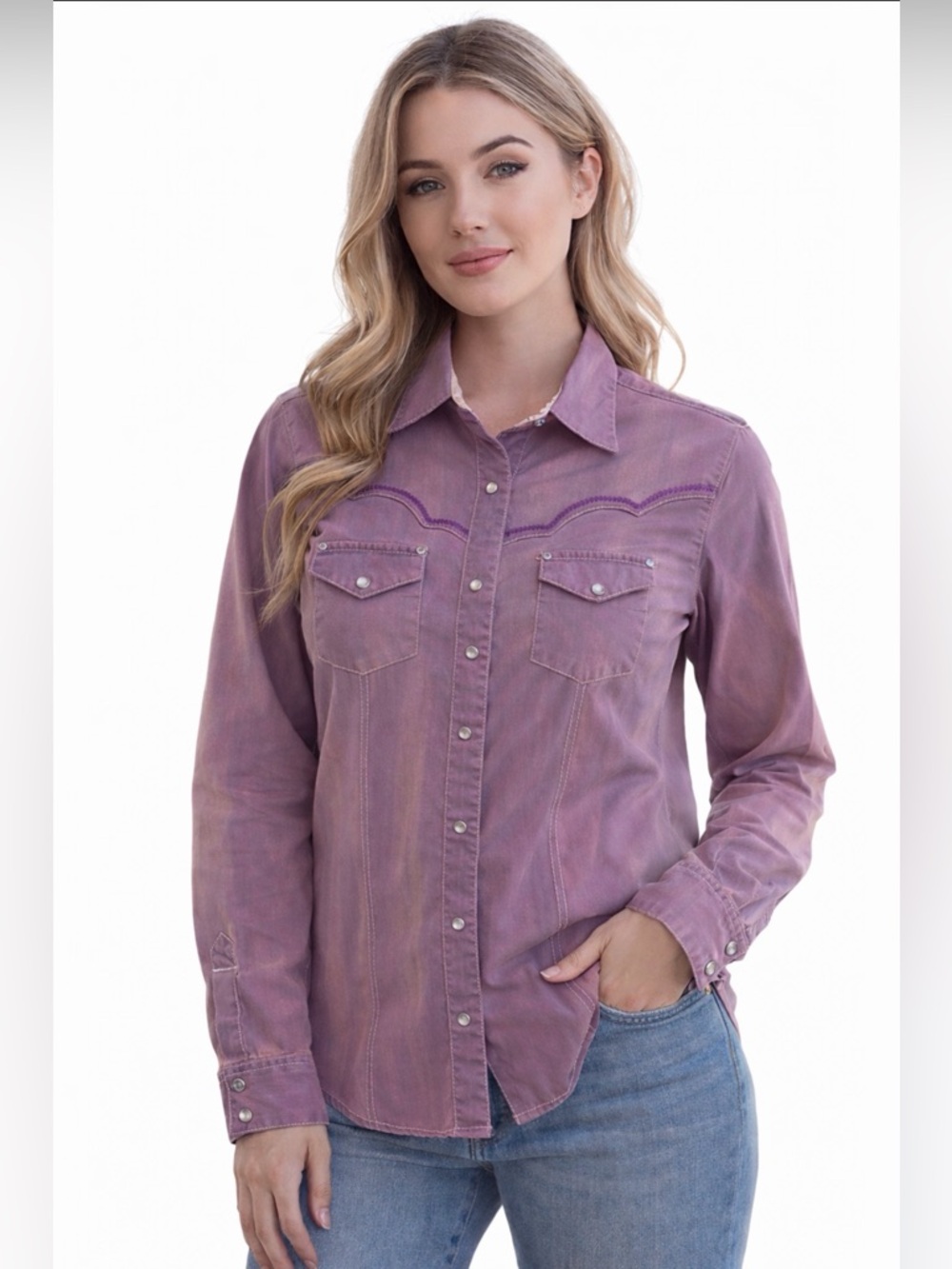Rock 47 Wrangler Lavender Western Rhinestone Snap Shirt with Embroidered Yoke S